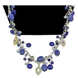 Chaps Silver Tone Blue Purple Beaded Cluster Statement Necklace Filigree Charms‎